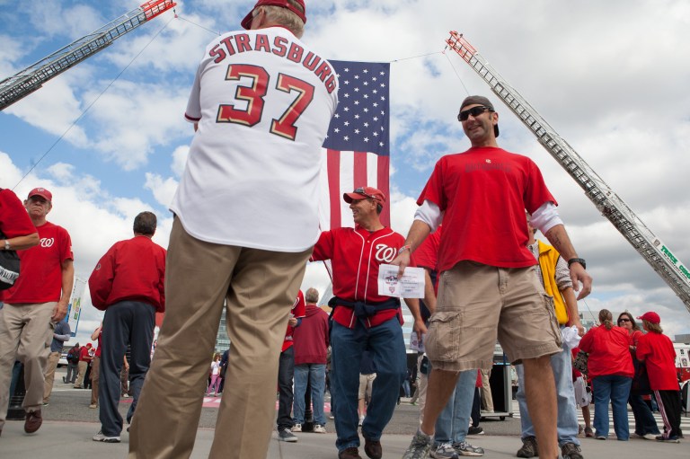 Fans arrive at Nationals Park for the Nats' home playoff debut against the St. Louis Cardinals. (Graeme Jennings/Examiner)