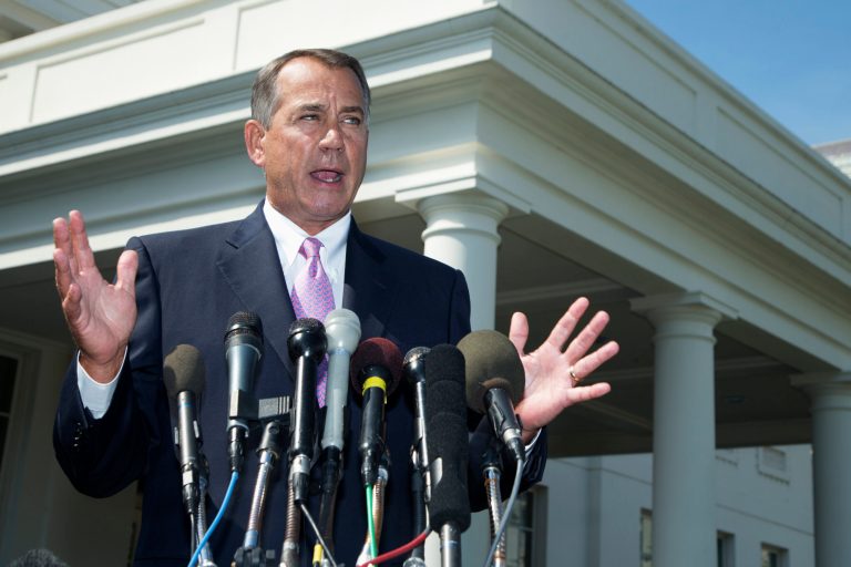   FILE - In this Sept. 3, 2013, file photo House Speaker John Boehner of Ohio speaks to reporters outside the White House in Washington. As lawmakers end their five-week recess, no member of Congress is in a tighter spot than Boehner, who risks seeing most of his Republican colleagues vote against him on three major issues, Syria, the debt limit, and immigration reform. More than a third of House Republicans have urged Boehner to trigger a government shutdown rather than fund the implementation of 