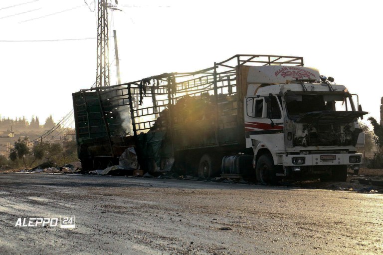 The doomed convoy was traveling near the besieged city of Aleppo, previously Syria's most populous city. (Aleppo 24 news via AP)