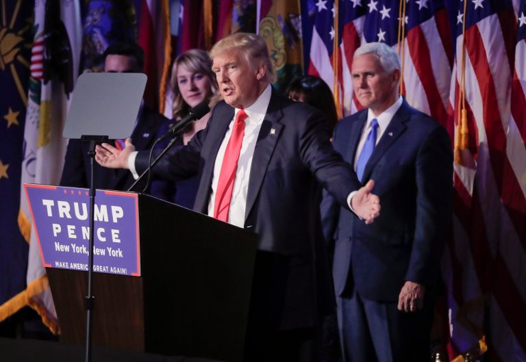 President elect Donald Trump gives his acceptance speech at an election night rally, Wednesday, Nov. 9, 2016, in New York. (AP Photo/Julie Jacobson)