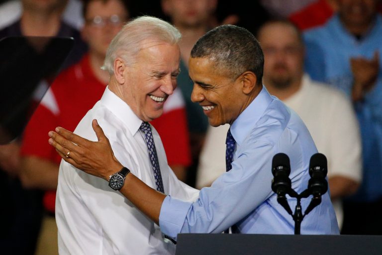 President Obama, right, is introduced by Vice President Joe Biden as he arrives at the Community College of Allegheny County West Hills Center in Oakdale, Pa., on April 16. (AP/Gene J. Puskar)