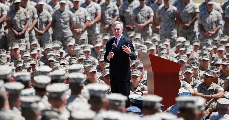 People are not only the most important part of the military, but also the most expensive. And they're the first to be hit by budgets cuts. Above, Navy Secretary Ray Mabus speaks to Marines. (AP Photo/Lenny Ignelzi)