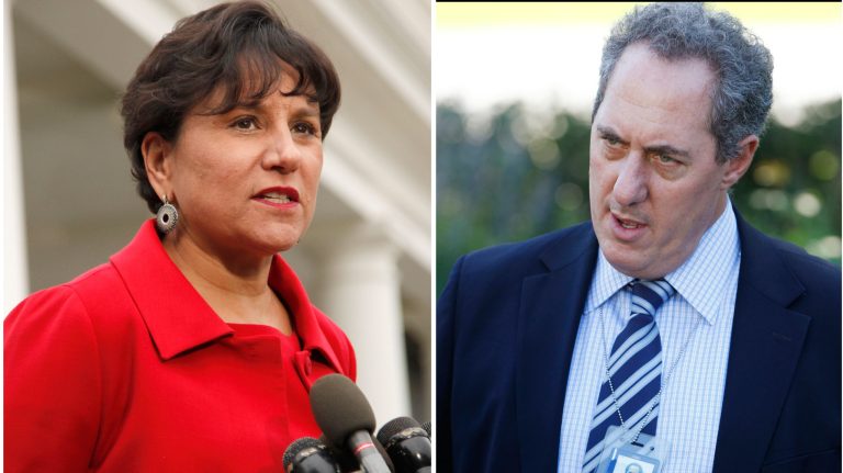 A White House official says President Barack Obama will name a longtime fundraiser to run the Commerce Department and a top economic adviser as the next U.S. Trade Representative. The Commerce nominee is expected to be Penny Pritzker, left, shown in a Oct. 4, 2010 file photo and The U.S. Trade Representative is expected to be Mike Froman seen in an Oct. 8, 2010 file photo. Obama will announce both nominations from the White House Thursday morning May 2, 2013 before departing for Mexico. (AP Photo/File)