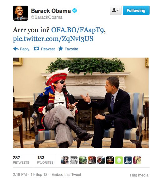 Obama celebrates ‘National Talk Like A Pirate Day’ on Twitter