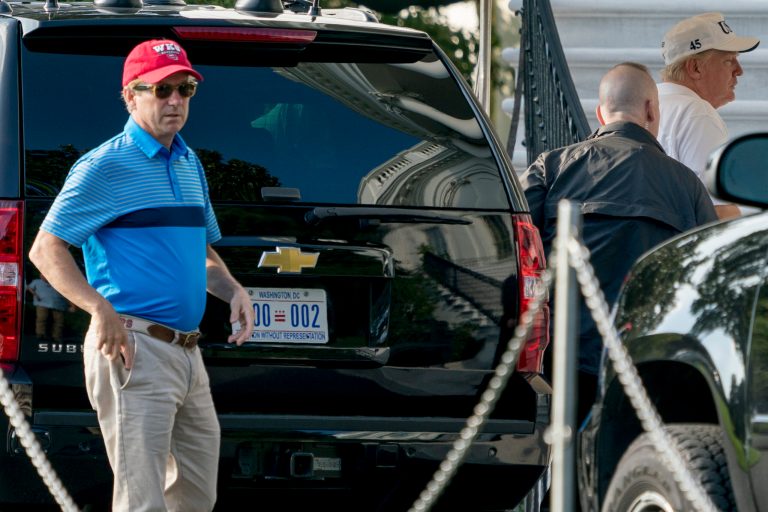 President Donald Trump right, and Sen. Rand Paul, R-Ky., left, arrive at the White House in Washington, Sunday, Oct. 15, 2017, after playing golf at Trump National Golf Club in Sterling, Va. (AP Photo/Andrew Harnik)