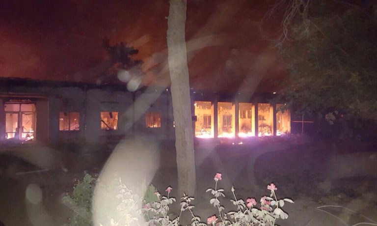 The Doctors Without Borders hospital is seen in flames, after explosions in the northern Afghan city of Kunduz, Saturday, Oct. 3, 2015. (MÃ©decins Sans FrontiÃ¨res via AP)