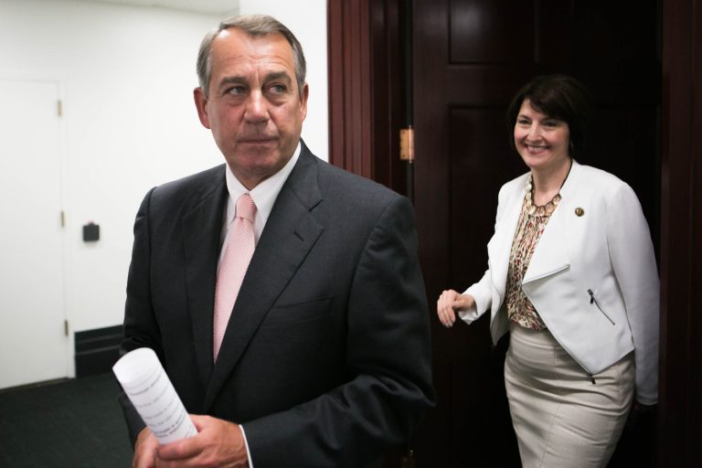 House Speaker John Boehner, R-OH, and Rep. Cathy McMorris Rodgers, R-WA, leave a House Caucus meeting to attend a press conference on Capitol Hill, June 10. (Graeme Jennings/Washington Examiner)