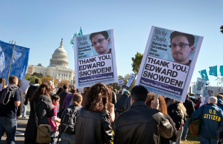 The group officially behind the ads -- which thank former National Security Agency contractor Edward Snowden for leaking official documents -- is the Partnership for Civil Justice Fund. (AP Photo)