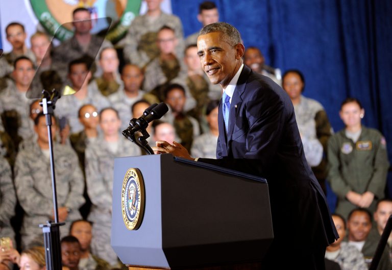 President Obama speaks to service men and women at MacDill Air Force Base Wednesday in Tampa, Fla. The presidentÂ praised House lawmakers Wednesday for authorizing his administration to train and equip Syrian opposition forces against the Islamic State.Â (AP Photo/The Tampa Tribune, Chris Urso, Pool)