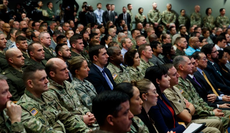 Audience members listen as President Donald Trump speaks about American missile defense doctrine, Thursday, Jan. 17, 2019, at the Pentagon.