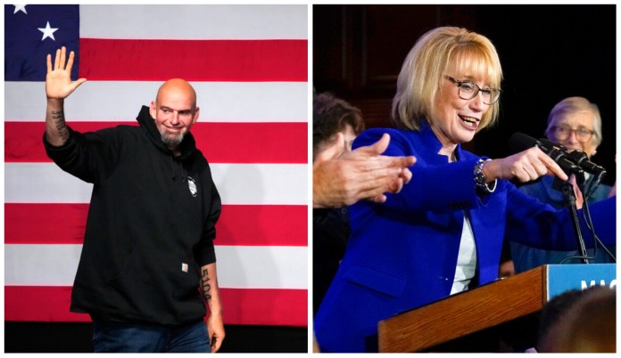 John Fetterman (left) and Sen. Maggie Hassan (D) (right)