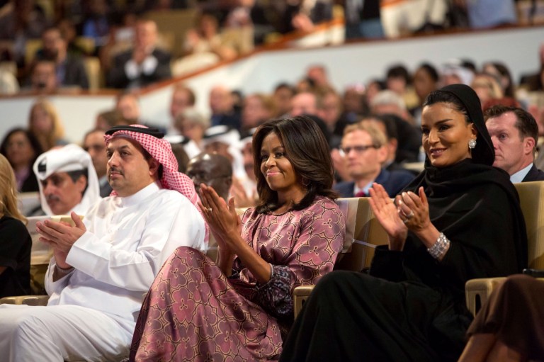 First Lady Michelle Obama attends the 2015 World Innovation Summit for Education (WISE) with Sheikha Moza bint Nasser, right, at the Qatar National Convention Centre in Doha, Qatar, Nov. 4, 2015. The First Lady attends the summit in support of global girls' education and the Let Girls Learn initiative. (Official White House Photo by Amanda Lucidon)