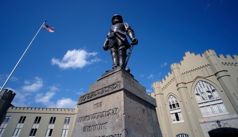 The military school has statues of Confederate Gen. Stonewall Jackson, a former faculty member of the VMI, and one honoring those VMI cadets who died fighting for the Confederacy at the Battle of New Market. (Bob Brown/Richmond Times-Dispatch via AP)
