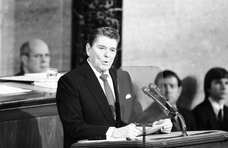 President Ronald Reagan addresses a Joint Session of Congress and the nation by television in the House Chamber giving his State of the Union speech on Jan. 25, 1984. (AP/Bob Daugherty)
