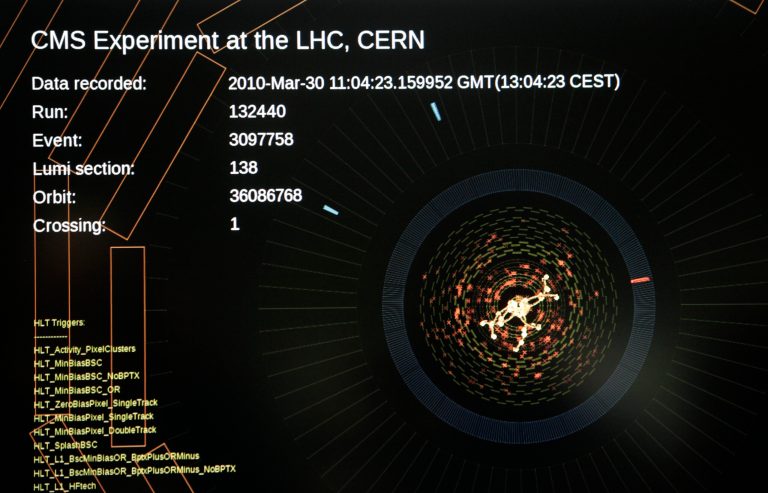 FILE - In this Tuesday, March 30, 2010 file photo, an event display shows the activity during a high-energy collision at the CMS control room of the European Organization for Nuclear Research, CERN, at their headquarter outside Geneva, Switzerland.  The world's largest atom smasher is gearing up for its second three-year run after 16 months of maintenance and upgrades. The Large Hadron Collider, which was used to discover a long-theorized subatomic particle, is designed to push the proton beam close to the speed of light, whizzing 11,000 times a second around a 17-mile (27-kilometer) tunnel on the Swiss-French border near Geneva. The world's top particle physics lab known by its French acronym CERN said Monday, June 23, 2014,  that the $10 billion collider is being improved and is on track to resume early next year at double its former energy level.(AP Photo/Anja Niedringhaus, File)