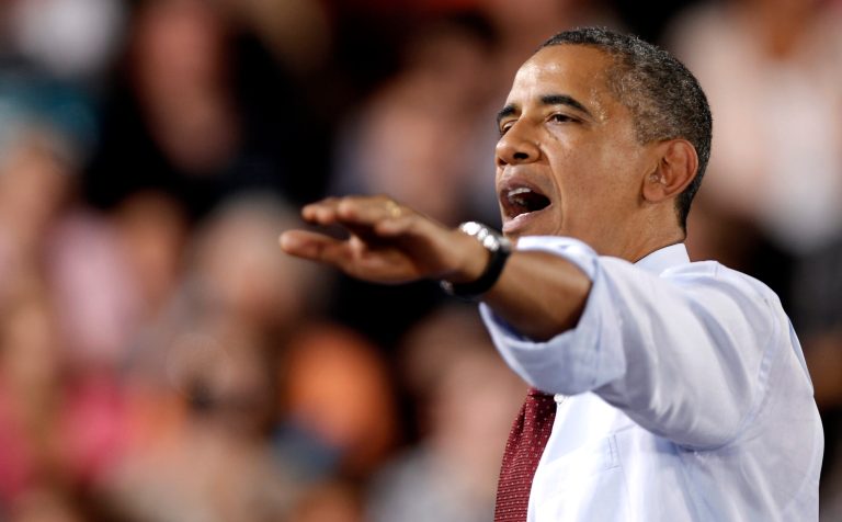 President Barack Obama speaks to supporters during a campaign stop in Windham, NH Saturday, Aug. 18, 2012.(AP Photo/Winslow Townson)