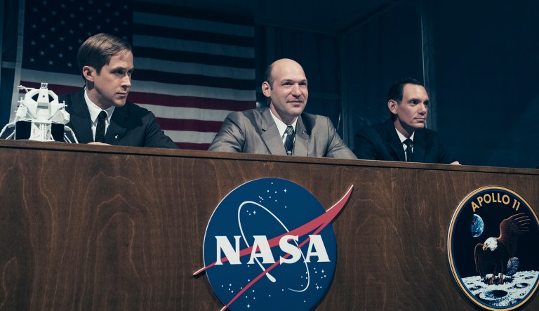 This image released by Universal Pictures shows Ryan Gosling, from left, Corey Stoll and Lukas Haas in a scene from "First Man."