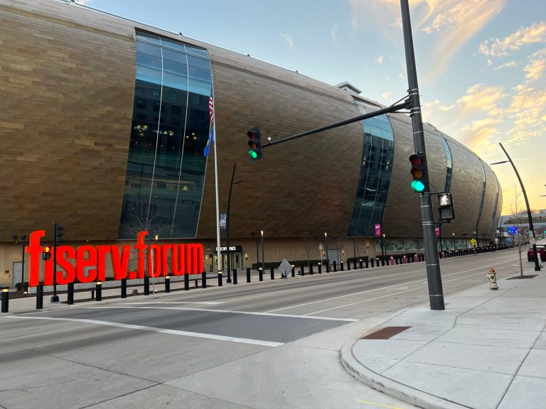 The Fiserv Forum, home to the Milwaukee Bucks, in the city's Deer District.