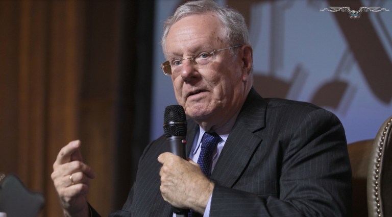 Forbes editor-in-chief Steve Forbes talks during an event with the Washington Examiner in Sea Island, Ga.