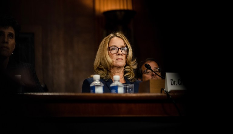Christine Blasey Ford listens during a Senate Judiciary Committee hearing in Washington, D.C., U.S., on Thursday, Sept. 27, 2018. ChairmanÂ Chuck GrassleyÂ called for a "safe, comfortable and dignified" hearing Thursday on a sexual assault allegation againstÂ BrettÂ KavanaughÂ as the panel opened a historic hearing that promises to shape the Supreme Court's future and redefine the "Me Too" era.