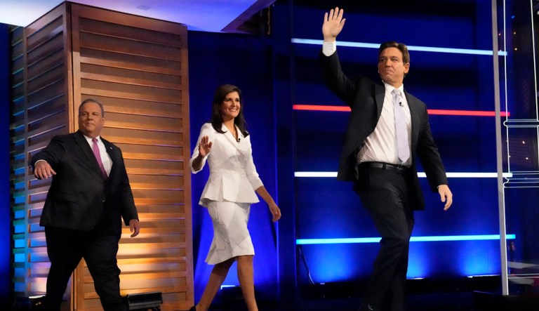 Republican presidential candidates from left, former New Jersey Gov. Chris Christie, former UN Ambassador Nikki Haley, and Florida Gov. Ron DeSantis.