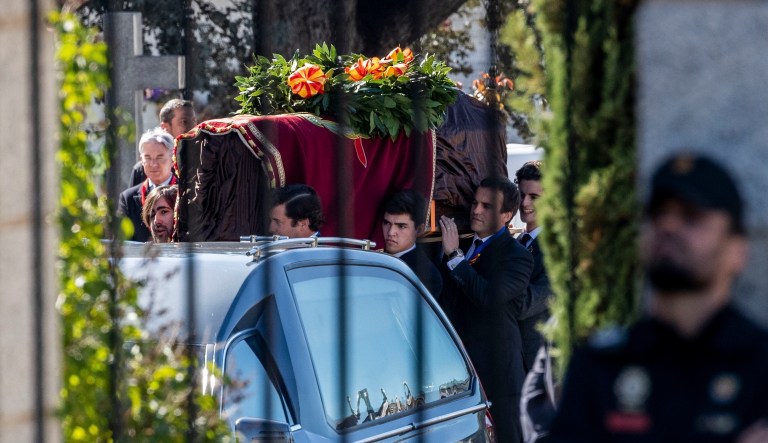 Relatives of late dictator Gen. Francisco Franco carry his coffin at Mingorrubio's cemetery, outskirts of Madrid, Thursday, Oct. 24, 2019. Spain has exhumed the remains of Spanish dictator Gen. Francisco Franco from his grandiose mausoleum outside Madrid and flown them by helicopter for reburial in a small family crypt north of the capital. The government-ordered, closed-door operation on Thursday satisfies a decades-old desire of many in Spain who considered the vainglorious mausoleum that Franco built an affront to the tens of thousands who died in Spain's Civil War and his subsequent regime as well as to Spain's standing as a modern democratic state.