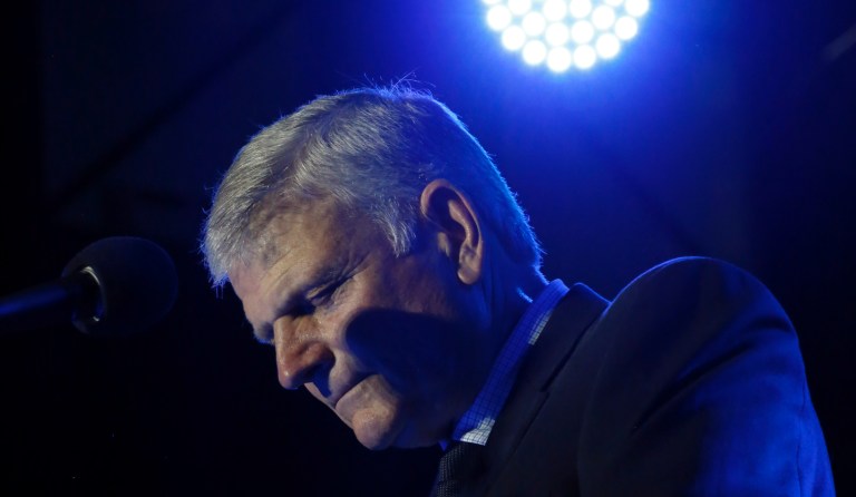 Evangelist Franklin Graham leads the audience in prayer as he speaks at his Decision America event at the Pitt County Fairgrounds, Wednesday, Oct. 2, 2019, in Greenville, N.C.
