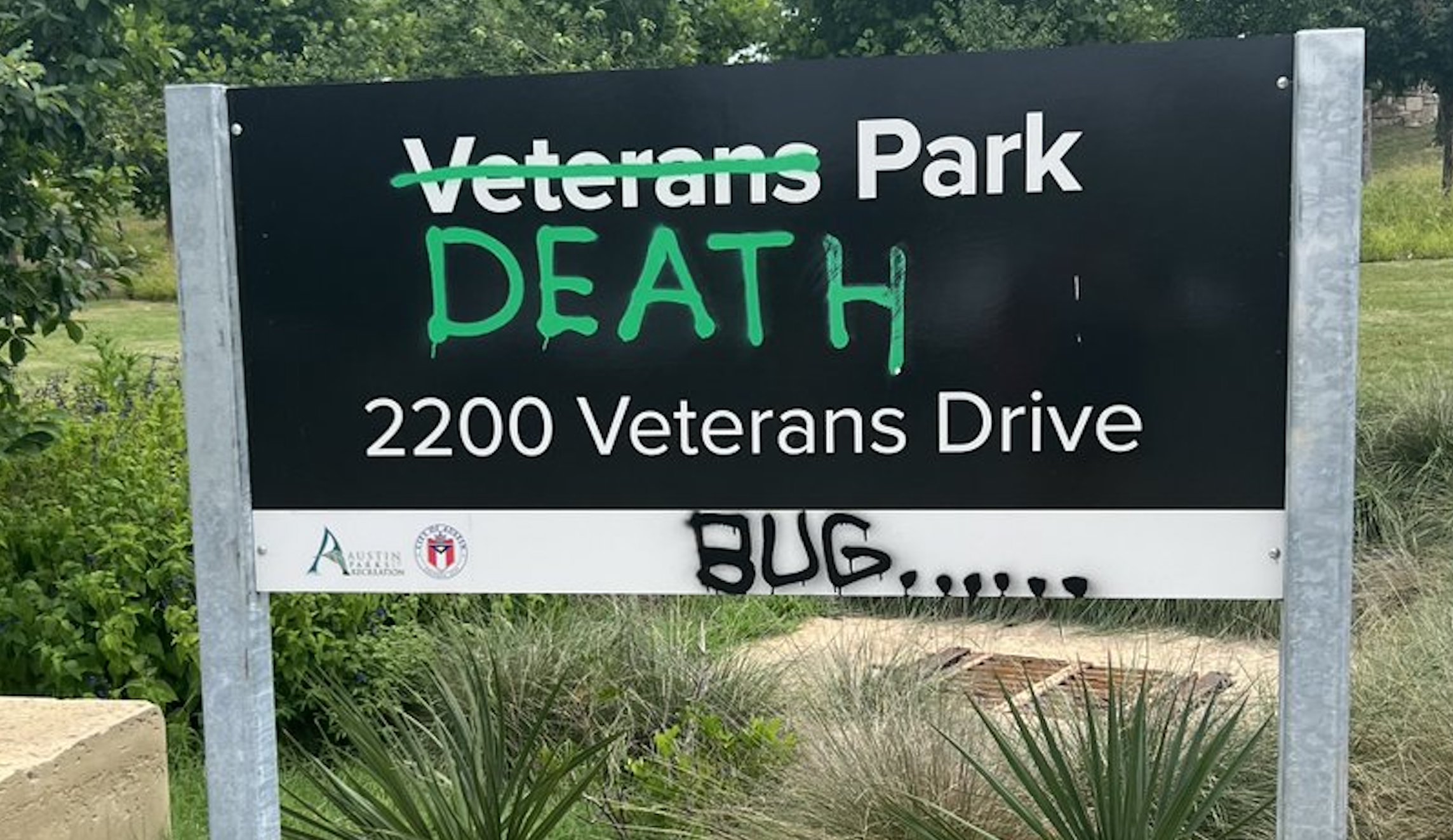 City of Austin cleans up ‘DEATH’ graffiti on Veterans Park sign following GOP outcry