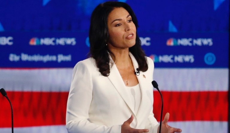 Democratic presidential candidate Rep. Tulsi Gabbard, D-Hawaii, speaks in a Democratic presidential primary debate, Wednesday, Nov. 20, 2019, in Atlanta.