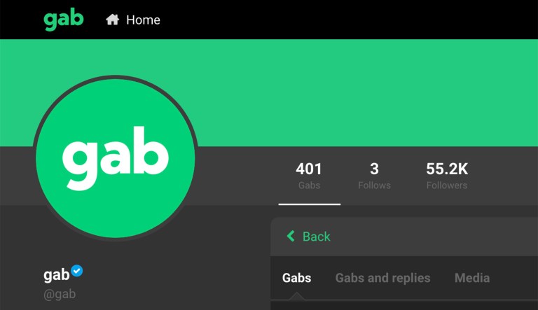 A screenshot of Gab's website is seen.