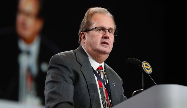 Gary Jones, president of the United Auto Workers union addresses delegates to the union's bargaining convention in Detroit, Monday, March 11, 2019 that it would raise weekly strike pay from $200 to $250 per week and $275 in January of next year.