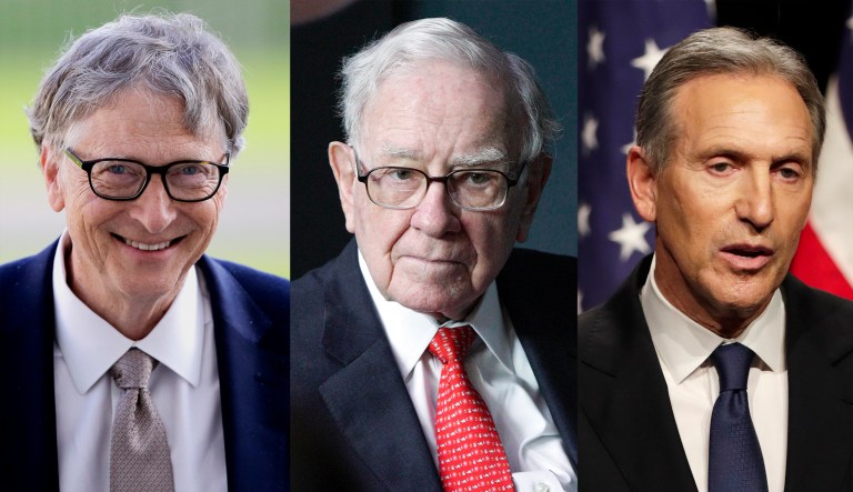 Bill Gates, Warren Buffett, and Howard Schultz are shown.
