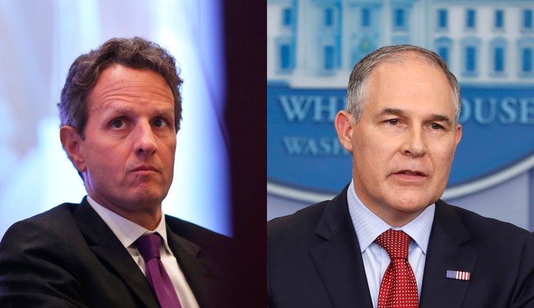 Former Treasury Secretary Timothy Geithner (left) and EPA Administrator Scott Pruitt (right) are shown.
