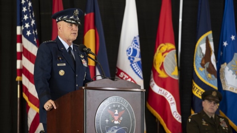 Gen. John âJayâ Raymond, Chief of Space Operations, U.S. Space Force, Commander, U.S. Space Command, provides remarks at the USSPACECOM Change of Command at Peterson Air Force Base, Colorado Springs, CO. August 20th, 2020. 
