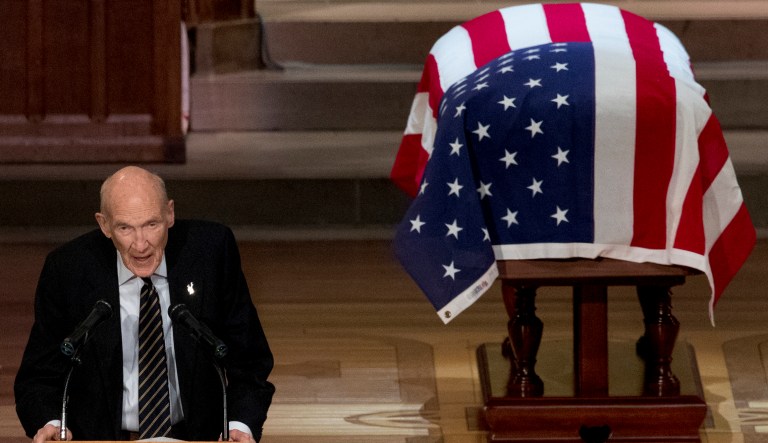 Former Sen. Alan Simpson, R-Wyo, speaks during the State Funeral for former President George H.W. Bush at the National Cathedral, Wednesday, Dec. 5, 2018, in Washington.