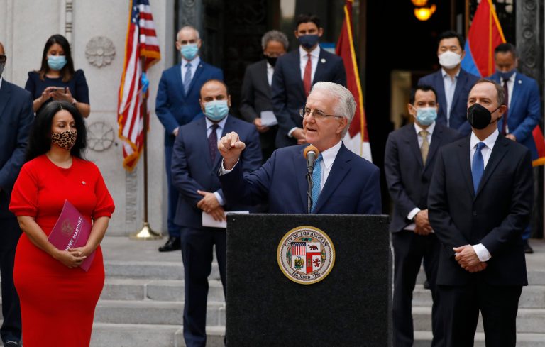 Los Angeles City Councilmember Paul Krekorian joined elected officials to make statements at LA City Hall.