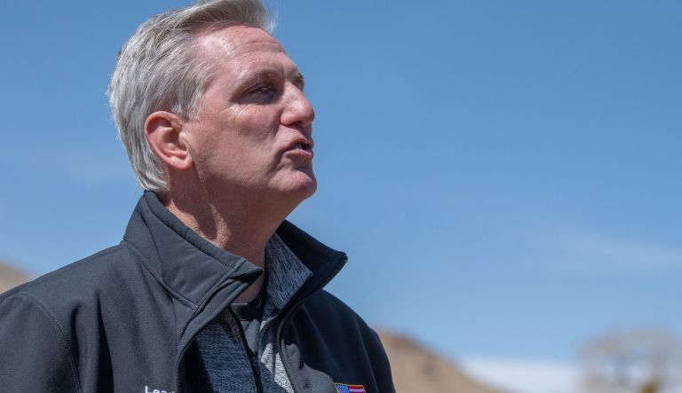 House Minority Leader Kevin McCarthy addresses the press during the congressional border delegation visit to El Paso, Texas on March 15, 2021.