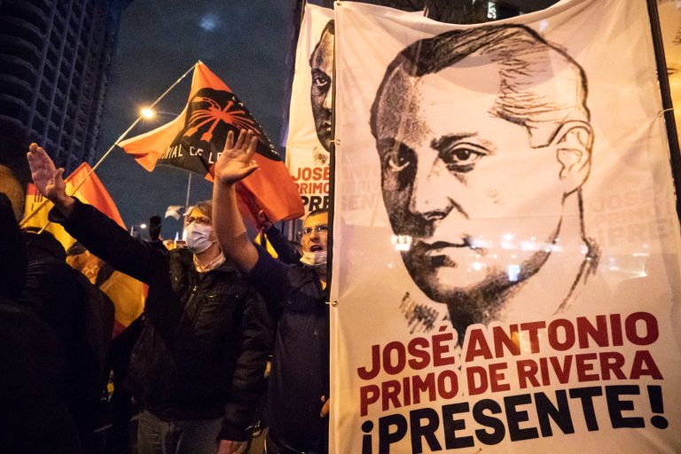 Supporters of Jose Antonio Primo de Rivera salute during a march in Madrid for the anniversary of his death. Jose Antonio Primo de Rivera was a supporter of the Franco dictator coup in the Spanish Civil War. 