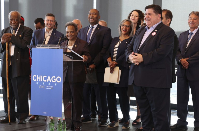 Chicago Mayor Lori Lightfoot answers questions from reporters as Chicago-area Democrats and Democratic National Committee officials meet in the West Loop on Tuesday, July 26, 2022, as the city bids for the 2024 Democratic National Convention. 
