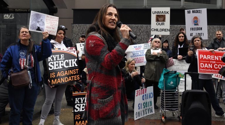 Gordana Schifanelli, a Republican candidate for lieutenant governor in Maryland, speaks at a rally in downtown Baltimore protesting Maryland's school mask mandate on Feb. 22. 