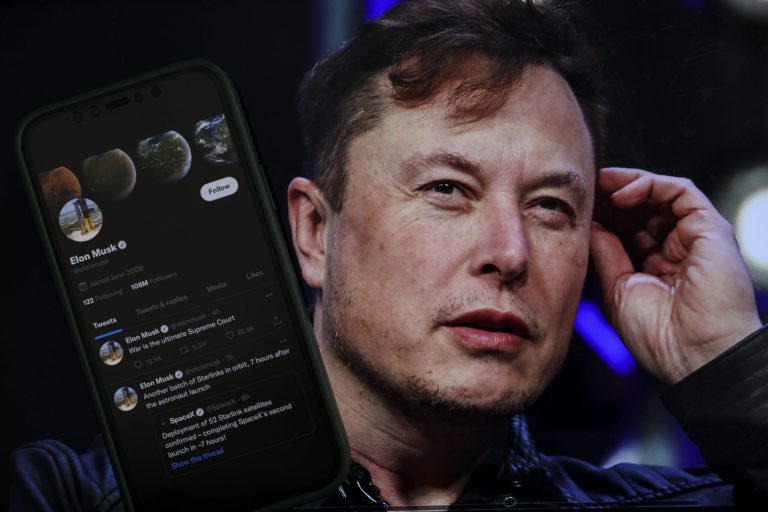 In this photo illustration, Elon Musk's twitter profile is displayed on a mobile phone and the image of him is seen on a computer screen on back of it in Ankara, Turkiye on October 06, 2022. 