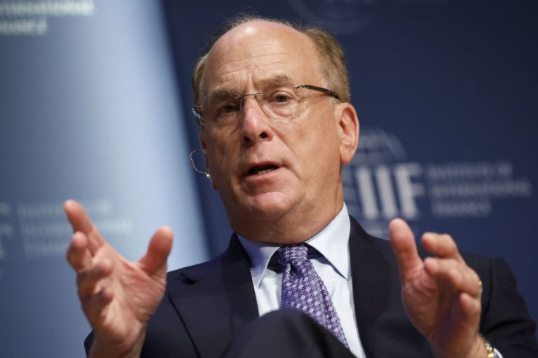 Larry Fink, the chairman and chief executive officer of BlackRock, speaks during the Institute of International Finance (IIF) annual membership meeting in Washington, DC, on Oct. 12, 2022.