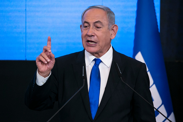Benjamin Netanyahu speaks at an election-night event on November 1, 2022 in Jerusalem, Israel. 