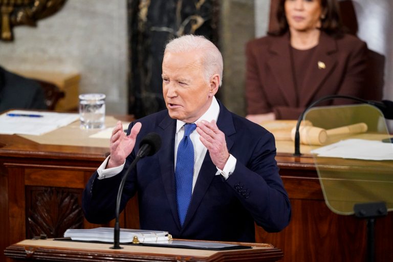 WASHINGTON, DC - MARCH 01: President Joe Biden, flanked by Vice President Kamala Harris, delivers his State of the Union address to a joint session of Congress on Capitol Hill on Tuesday, March 01, 2022 in Washington, DC.