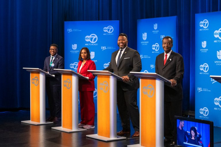 Mayoral candidates (L-R) Ja'Mal Green, Sophia King, Kam Buckner and Wille Wilson, along with 5 other candidates prepare to debate one another at WLS-TV ABC Channel 7 studio on January 19, 2023 in Chicago, Illinois. 