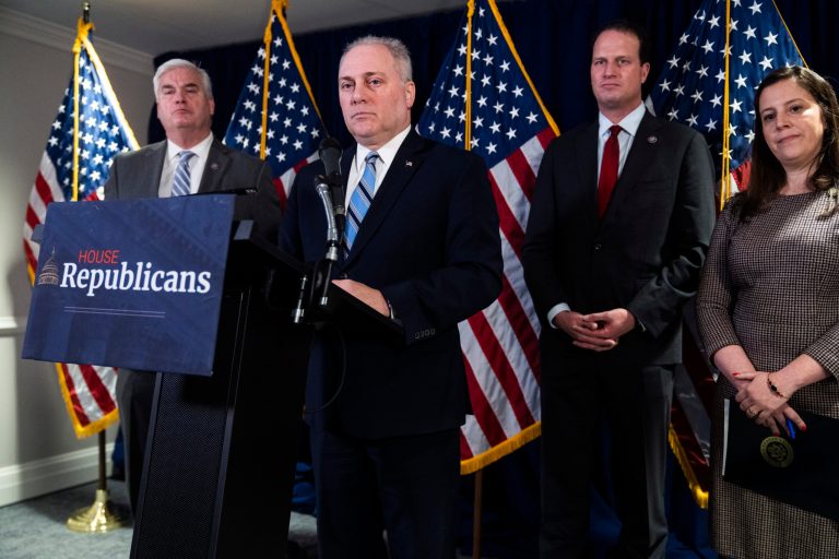 House Majority Leader Steve Scalise, R-La., conducts a news conference after a meeting of the House Republican Conference at the RNC on January 25, 2023. Majority Whip Tom Emmer, R-Minn., left, Rep. August Pfluger, R-Texas, and House Republican Conference Chair Elise Stefanik, R-N.Y., also appear. 