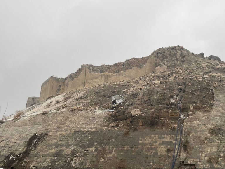 A view of damaged historical Gaziantep Castle after a 7.4 magnitude earthquake hit southern provinces of Turkiye, in Gaziantep, Turkiye on February 6, 2023. The 7.4 magnitude earthquake jolted Turkiye's southern province of Kahramanmaras early Monday, according to Turkiye's Disaster and Emergency Management Authority.
