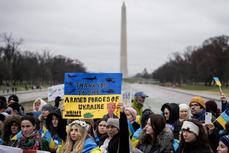 Supporters of Ukraine and members of the Ukrainian community hold a rally to mark the one-year anniversary of Russia's invasion of Ukraine, near the Lincoln Memorial on the National Mall February 25, 2023 in Washington, D.C. 