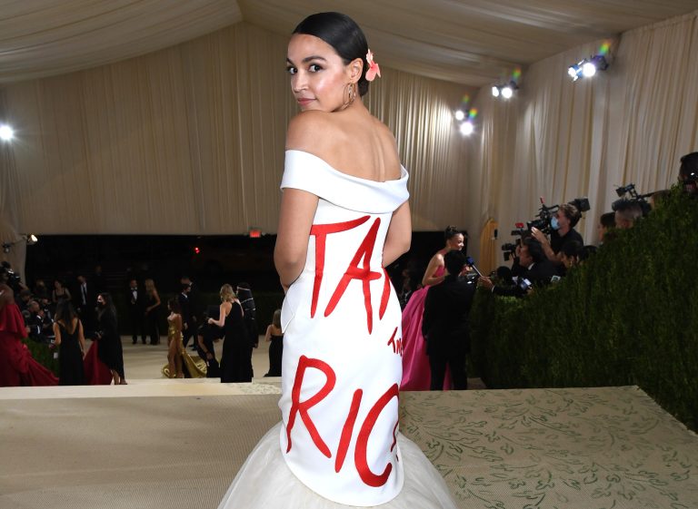 Rep. Alexandria Ocasio-Cortez attends The 2021 Met Gala Celebrating In America: A Lexicon Of Fashion at Metropolitan Museum of Art on September 13, 2021, in New York City.