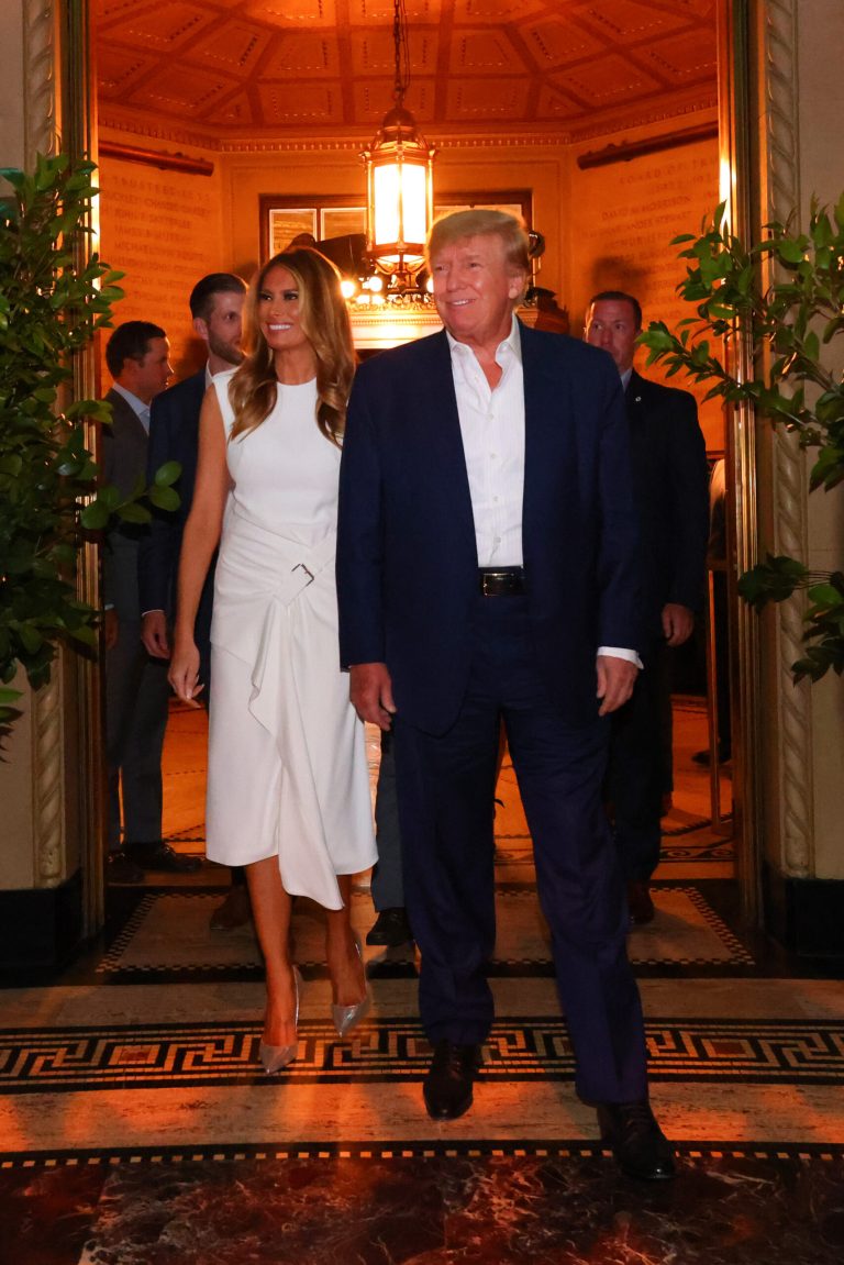 Former President Donald Trump and former first lady Melania Trump arrive at the welcome party for the LIV Golf InvitationalâBedminster at Gotham Hall on Wednesday in New York.